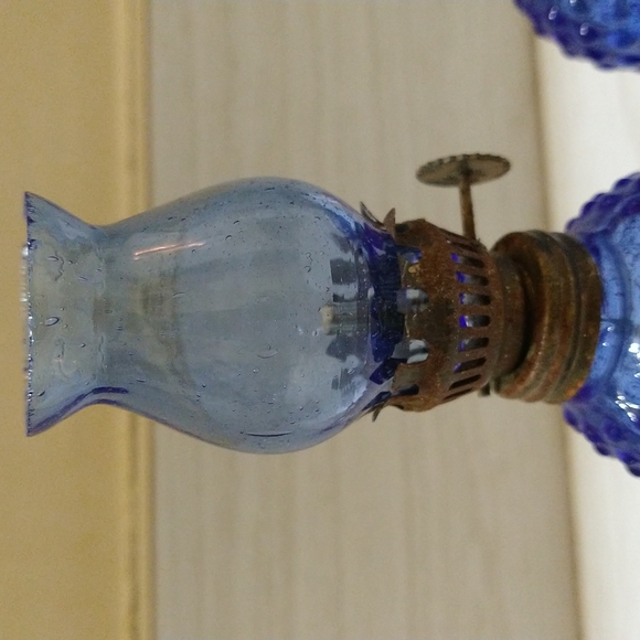 Vintage Mini Cobalt Blue Hobnail Oil Lamp with Hand Blown Chimney - Picture 3 of 5
